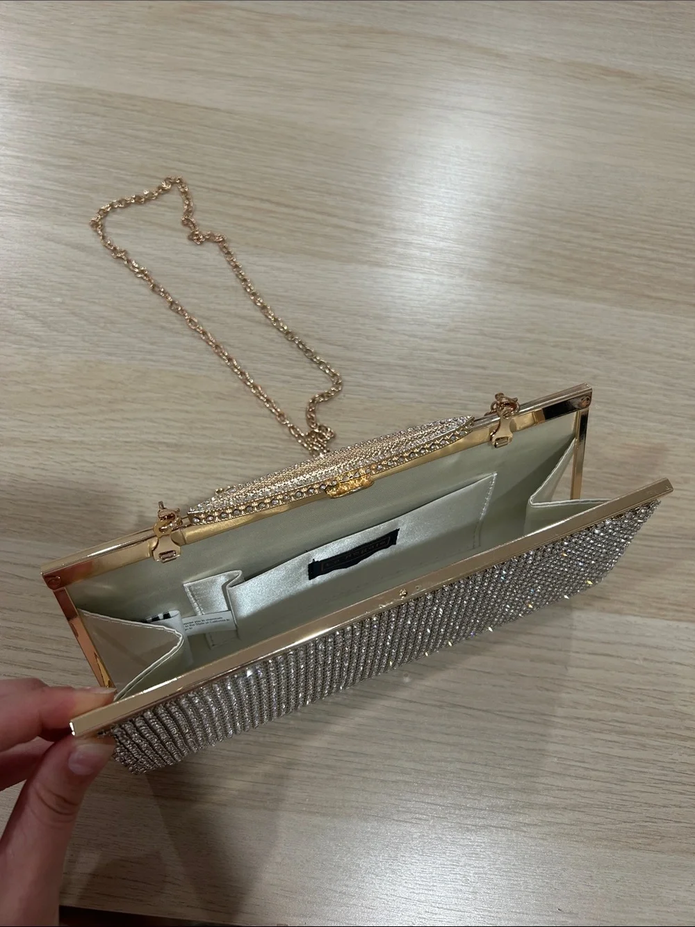 Crystal-Embellished Evening Clutch with Gold Chain